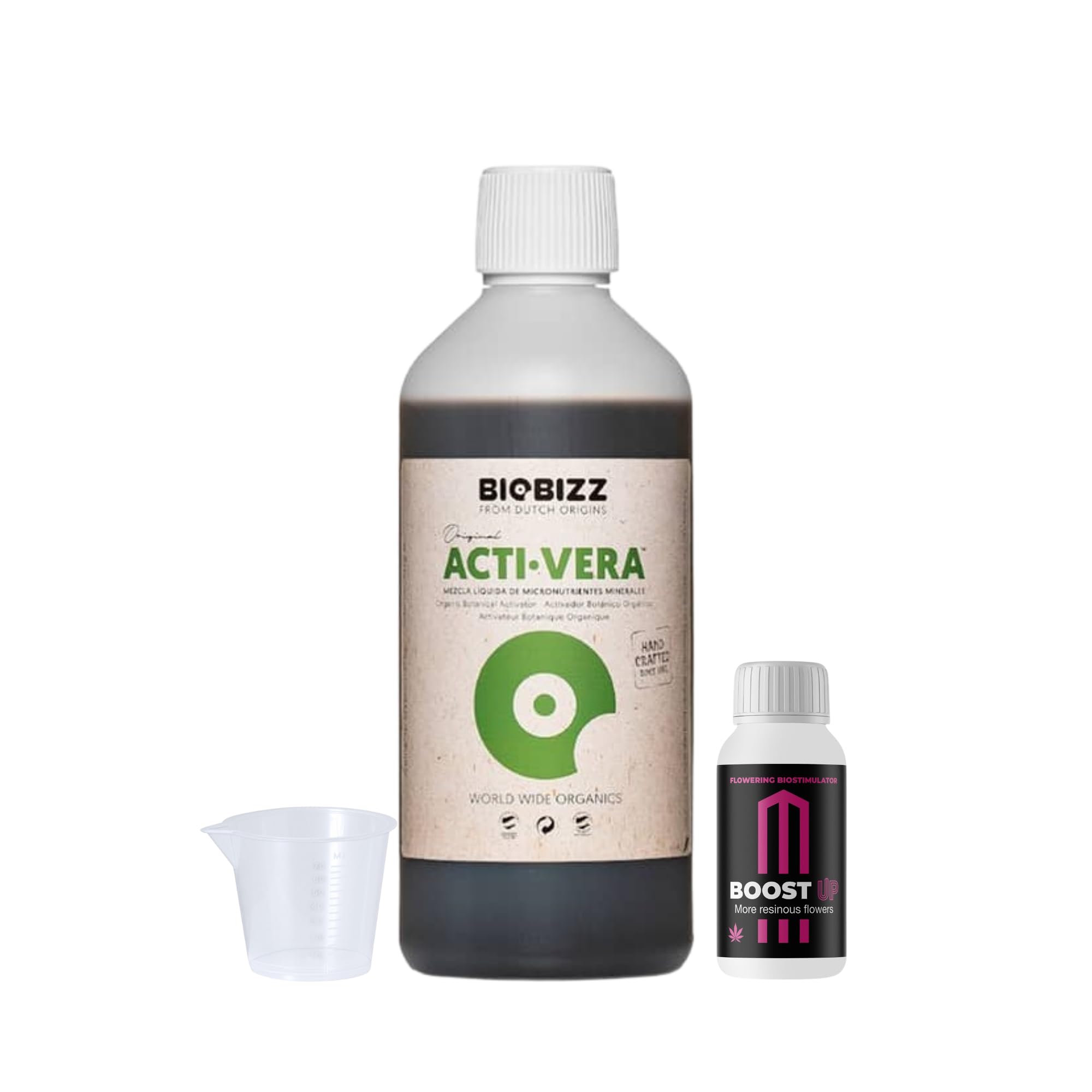 GROWMANIA Acti Vera de BioBizz 500 ml + Échantillon Boost Up de Up Nutrients + Verre Doseur | Revitalisant pour Plantes de Jardins Urbains | Améliore la Vitalité et la Floraison