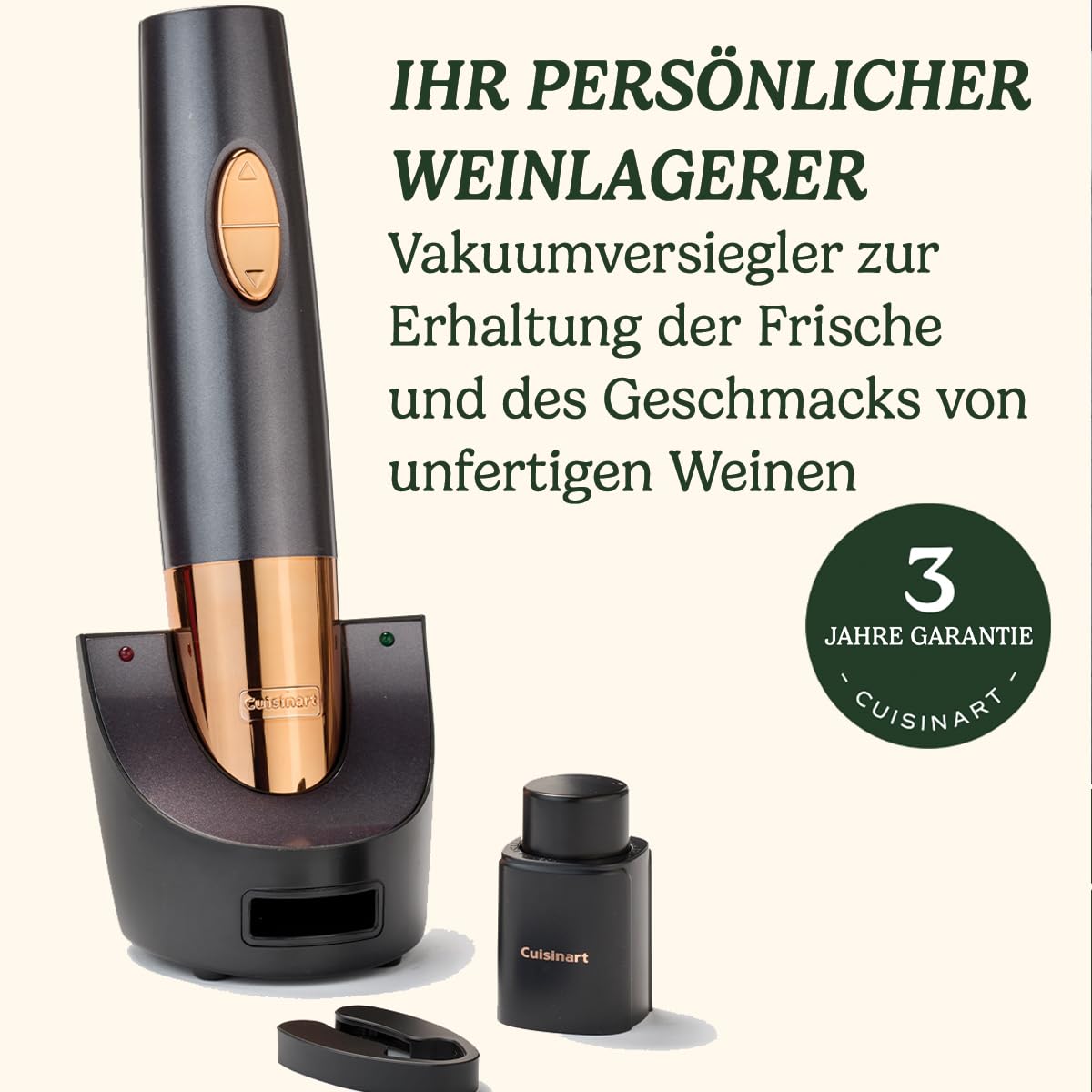 Cuisinart Wiederaufladbarer automatischer Weinöffner mit Vakuumversiegler | Flaschenöffner mit Korkenzieher | bis zu 80 Flaschen | Integrierter Folienschneider | Geschenk für Weinliebhaber | Schwarz