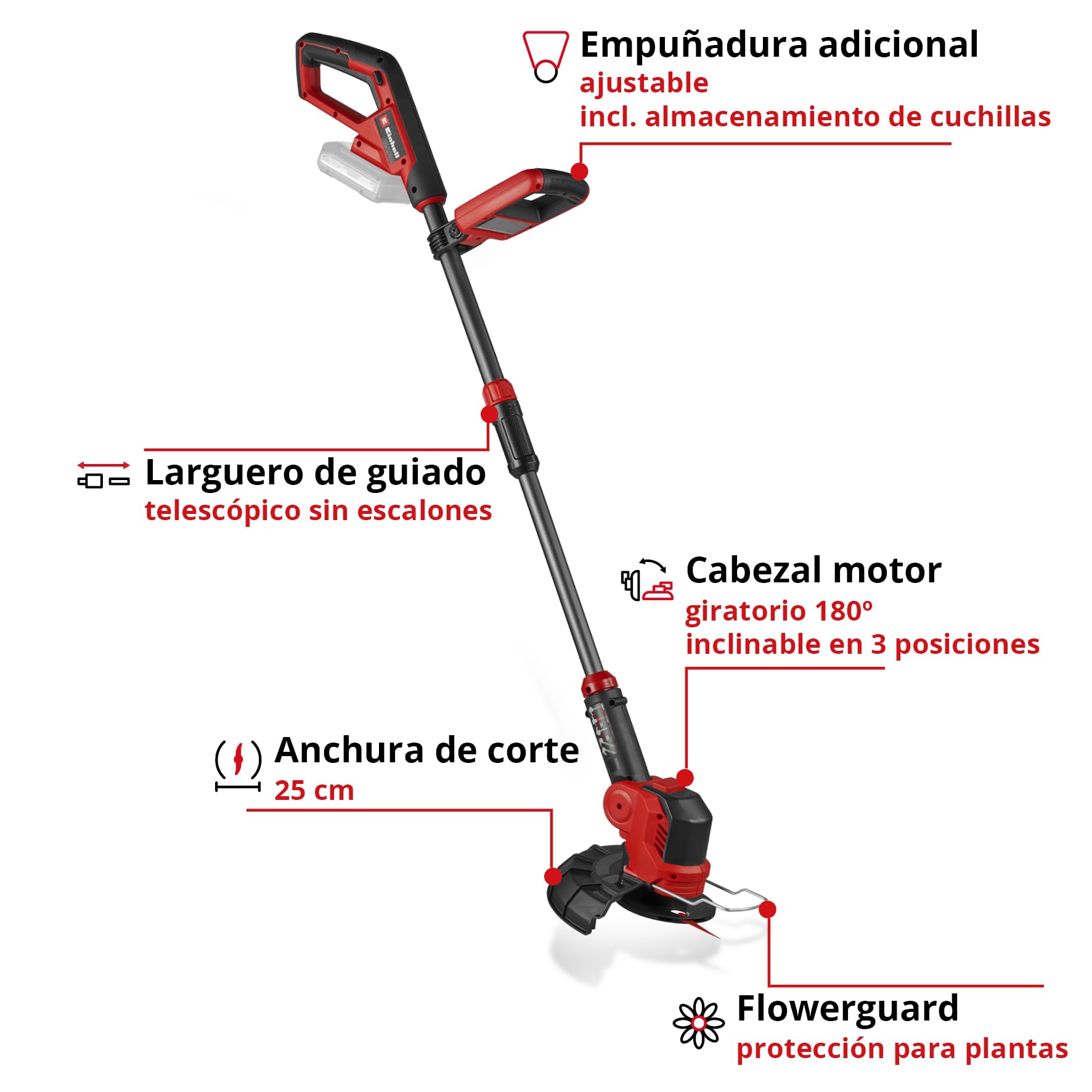 Recortadora de césped con batería GE-CT 18/25 Li-Solo Power X-Change de Einhell (18V, Anchura de Corte 25cm, Cabezal del Motor Giratorio e inclinable, Incl. 20 Cuchillas de plástico, sin batería)