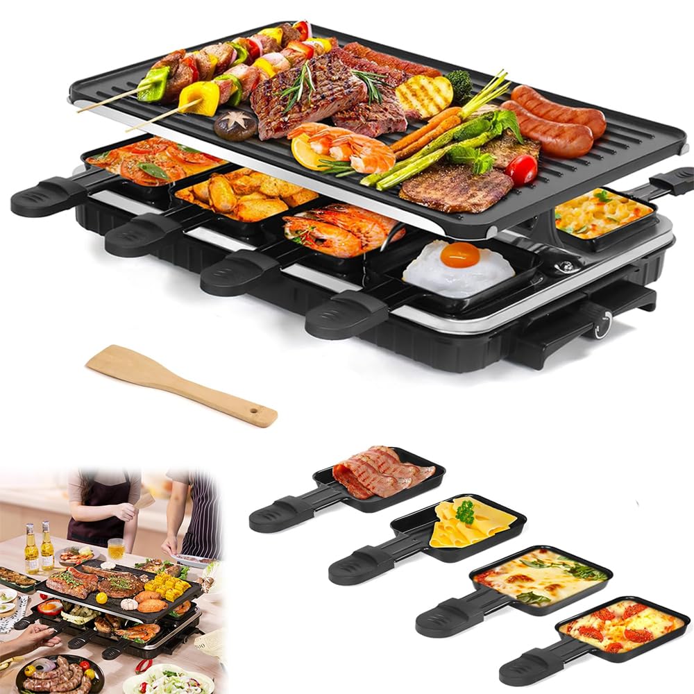 WISKA® Korean Barbeque Grill Raclette Machine Electric 8 Persons Indoor BBQ Raclette Table Grill Double Layer Smokeless Electric 1300 W with Non-Stick Plate & 8 Cheese Maker Pan for Home, Black