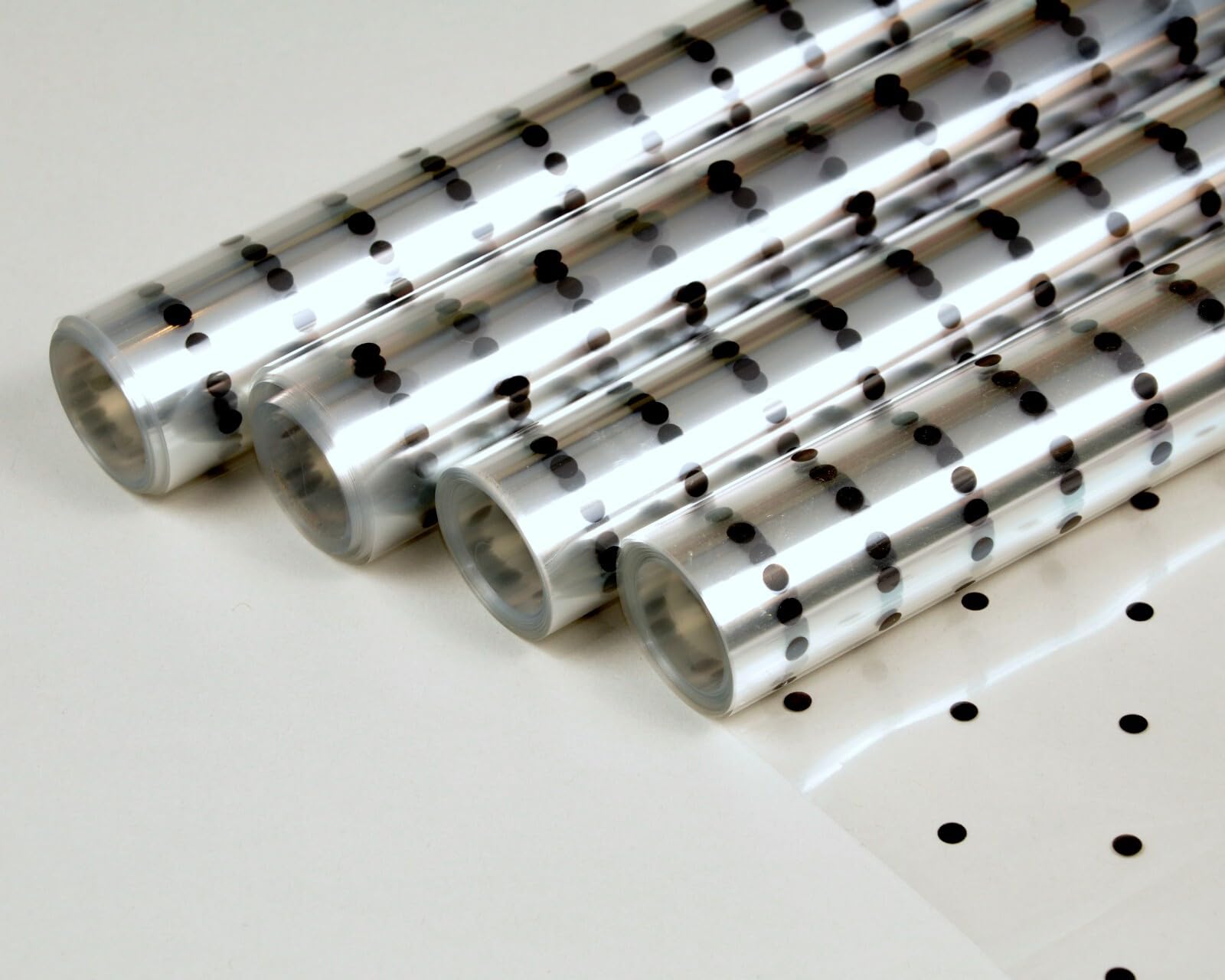 Cellophane Wrap Hamper Florist Film - 800mm Wide x 10m Long - 4 Rolls (40m) - Black Dot | Wrapping Paper & Gift Wrap for Bouquets, Baskets & Hampers – Supplied On a Roll with No Cardboard Core