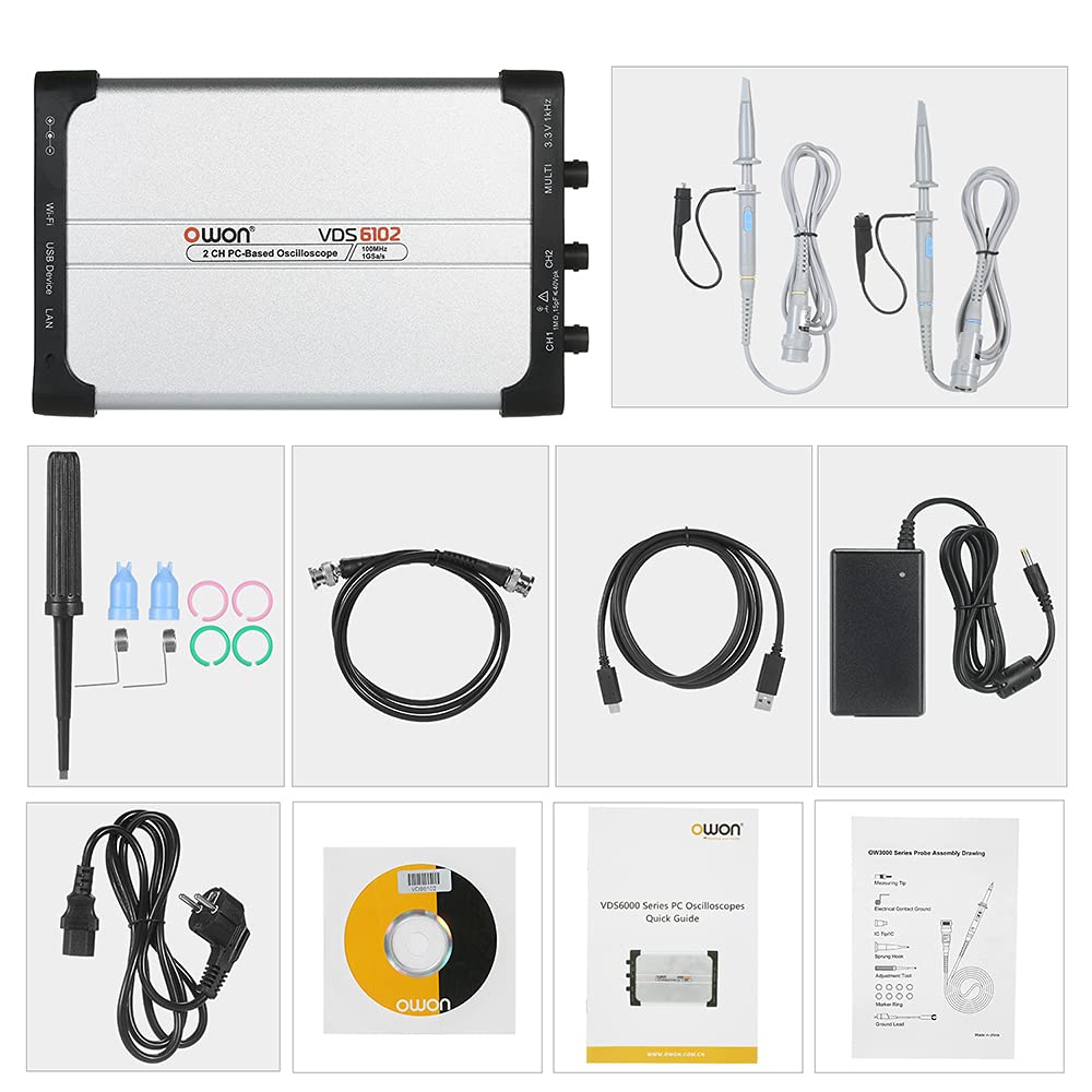 OWON VDS6102 2CH Dual-Channel 100MHZ PC Based USB Digital Oscilloscope 1GSa/s Real-Time Sample Rate Wosontel Bnc Probe