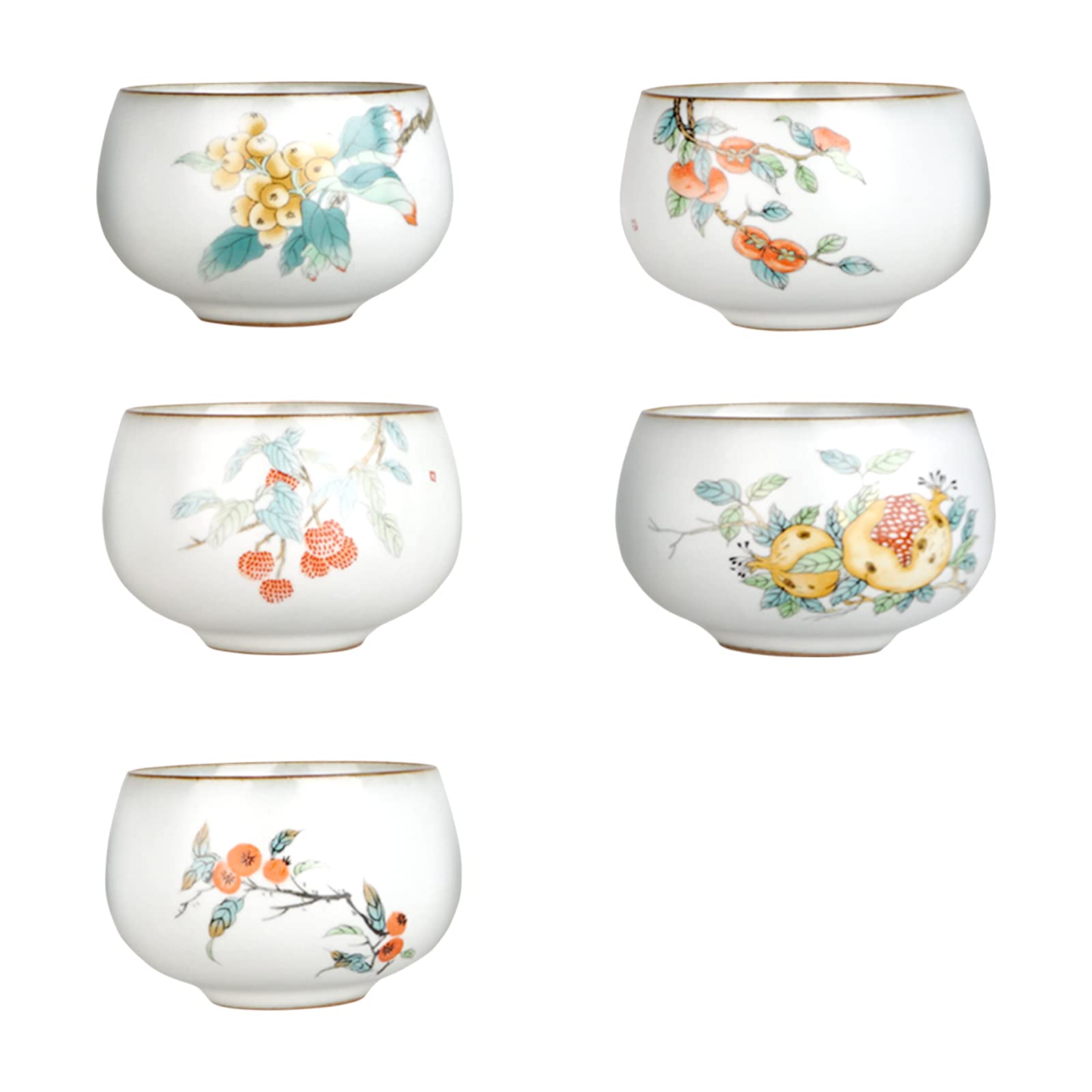 CoolChange Lot de 5 bols à thé chinois | Peint à la main avec peinture Gongbi | Céramique | Motif : arbustes fruitiers asiatiques | 120 ml