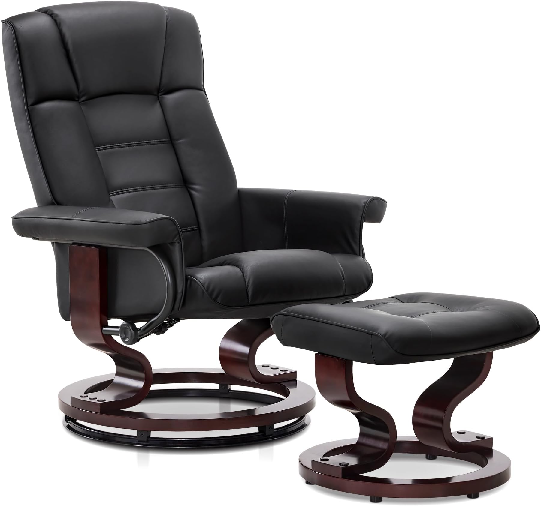 Manual Swivel Recliner with Ottoman, Chair Ottoman Set for RV Small Spaces, Living Room, Bedroom, Office 9019 4919 (Faux Leather, Black)