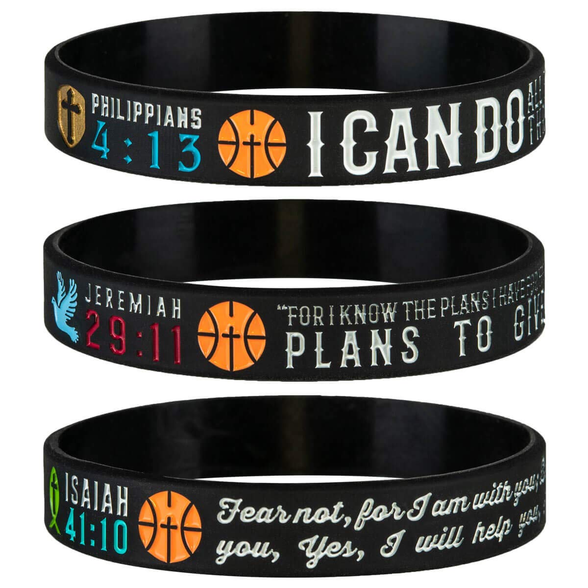 Sainstone Power of Faith Basketball Bible Silicone Bracelets with Inspirational Scriptures Philippians 4:13, Jeremiah 29:11, Isaiah 41:10,