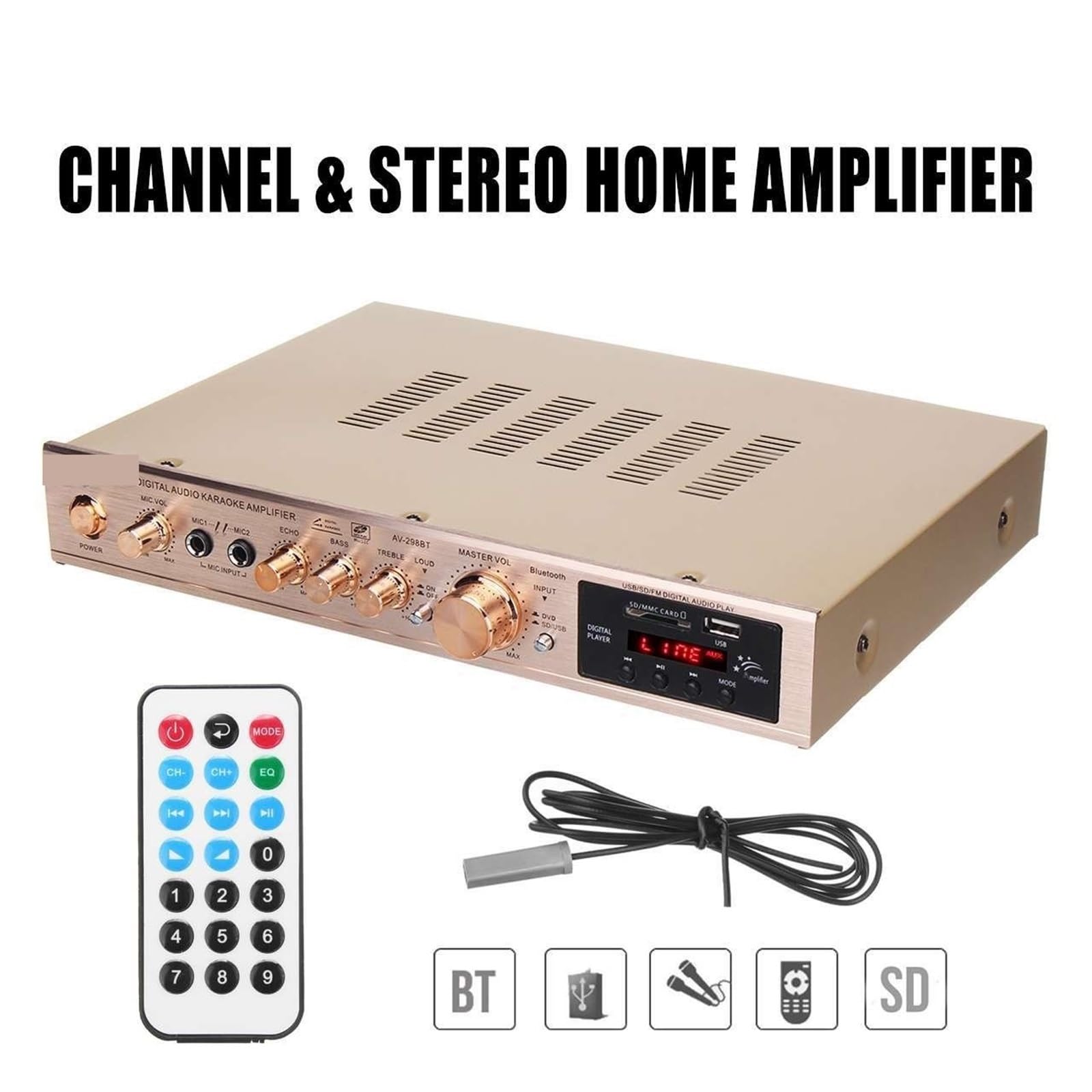 Wzmacniacz audio, Wzmacniacz domowy Cyfrowy Auto AV HiFi Klasa wzmacniaczy mocy Dźwięk stereo Odtwarzacz radia FM Procesor do domowego majsterkowania(Black)