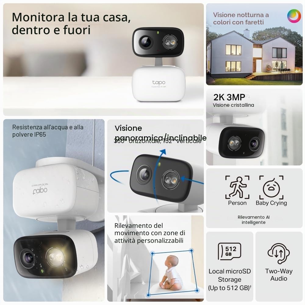 Tapo C216 2K 3MP Telecamera esterna 360 ° Pan/Tilt, Visione notturna a colori IP65, Telecamera di sicurezza WiFi esterna, Rilevamento intelligente AI, Faretti, Telecamere interne Sicurezza domestica