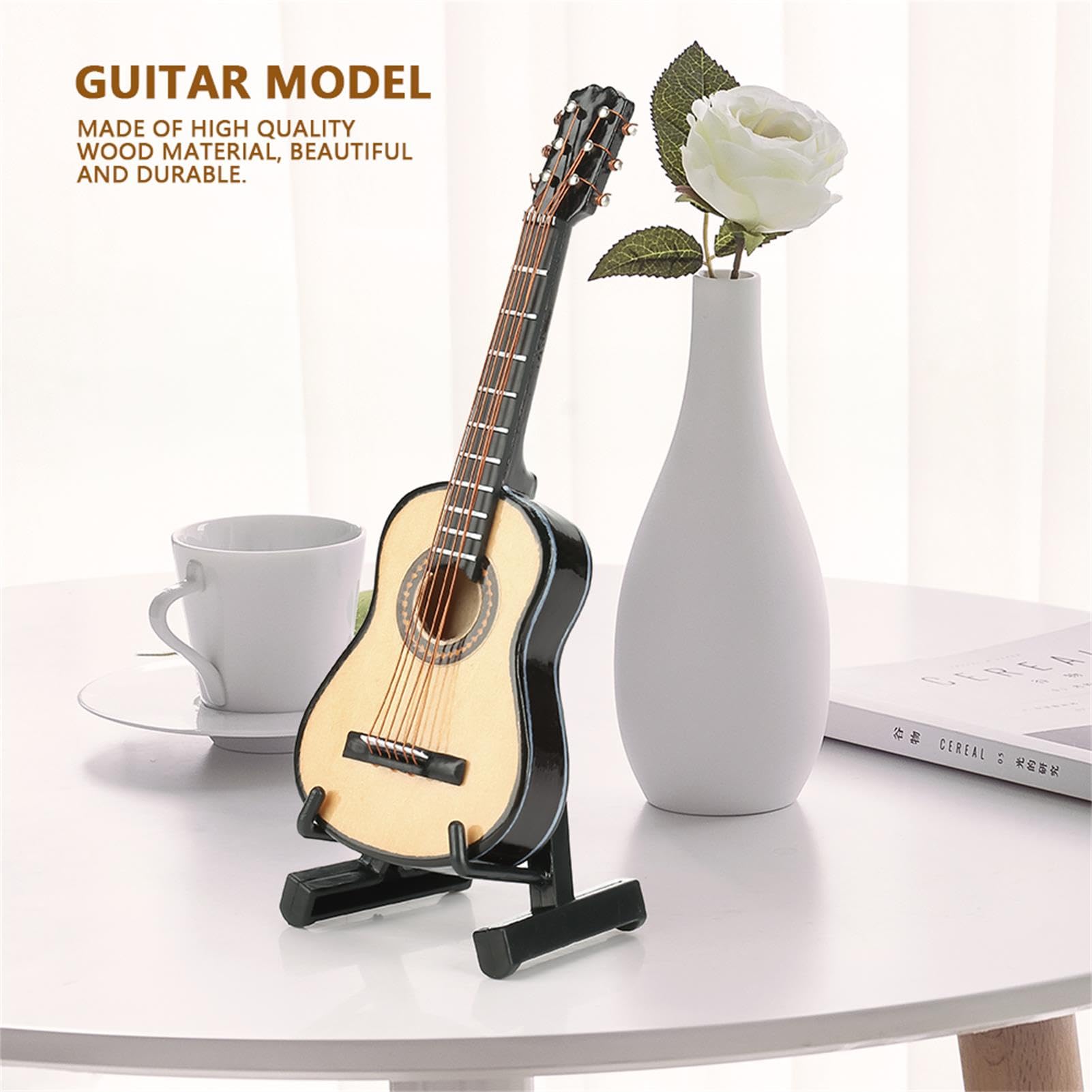 Guitarra de Madera en Miniatura, Modelo Hecho a Mano, Mini Adorno Musical, con Soporte para Guitarra y Caja de Almacenamiento, para Decoración de Escritorio y Oficina en el