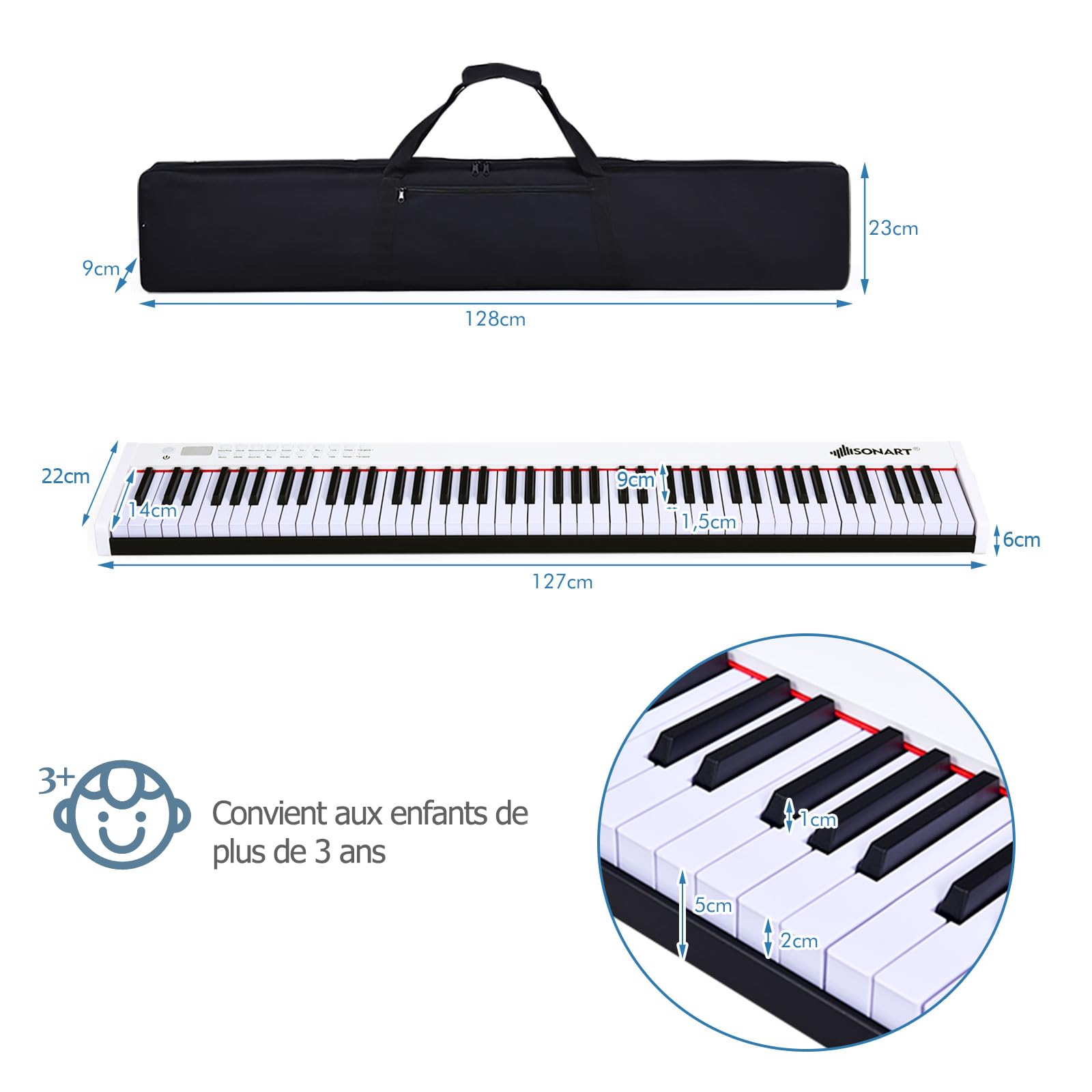 DREAMADE Piano Numérique Pliable 88 Touches – Clavier Électronique Portable Avec LED Lumineuses, Sac De Transport, Écran LCD Et Modes D’Apprentissage (Blanc)