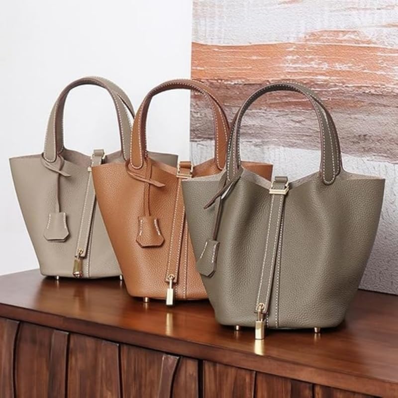 Genuine Leather Bucket Bag for Women: Lock Design Shoulder Handbag Versatile Top-Handle Tote Fashionable Vegetable Basket - Image 3