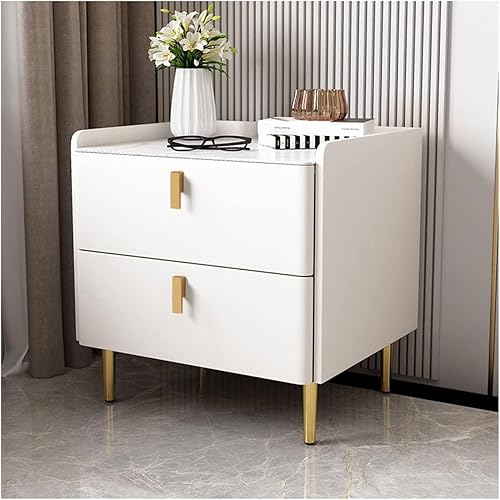 Mesita de noche moderna de mediados de siglo Mesita de noche con parte superior de mármol sintético, mesa de noche de madera con 2 cajones de cuero disponible en Yaxa Peru