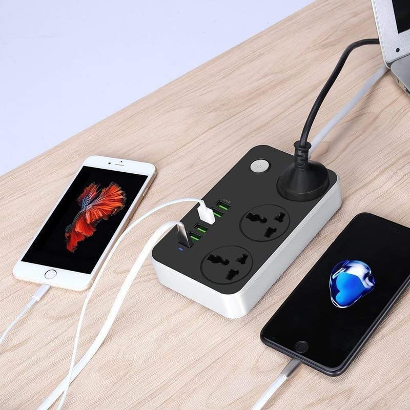 Image of Spike Guard with USB 3 Plug Adapter Power Strip 2mtr Cable Universal 3 AC Sockets + 6-USB Ports 3.4A Extension Boards Desktop Charging Station with 6 ft Extension Cord Surge Protection
