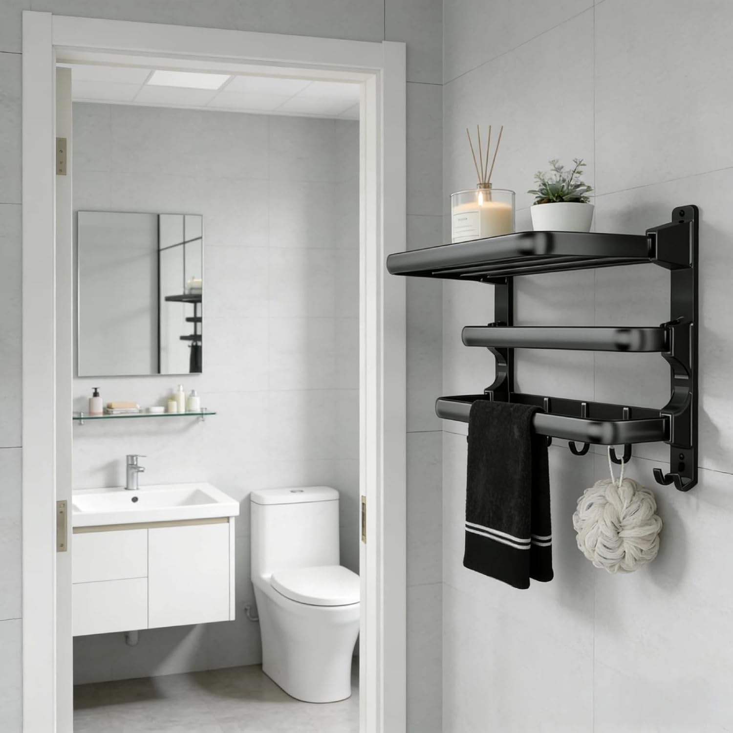 Towel Rack Wall for Bathroom Lavatory Hotel, 24 Inch Foldable Towel Shelf with 2 Towel Holder Bar and 7 Hooks, Black Matte Towel Storage Organizer Mounted, Drill-in or Adhesive Installation