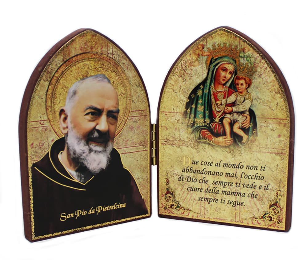 KUSTOM ART Cucuba Diptych Padre Pio Type Photo Frame Laser Print On Wood With Inserts Ornament Hot Gold 11 x 8 cm