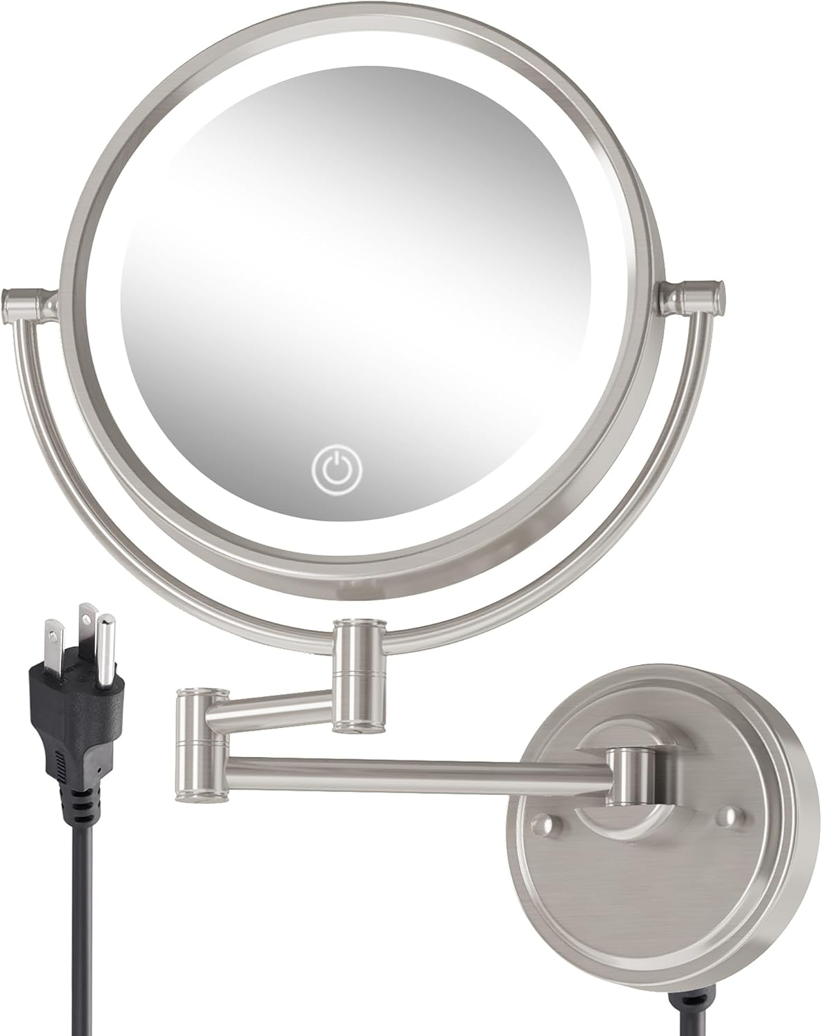 10" Lighted Makeup Mirror Wall Mounted, Plug-in 1X/5X Magnifying Double-Sided 3 Color Touch Dimmable Extended Arm 360 Rotation Cosmetic Light up Mirror for Bathroom, Brushed Moderne Brass