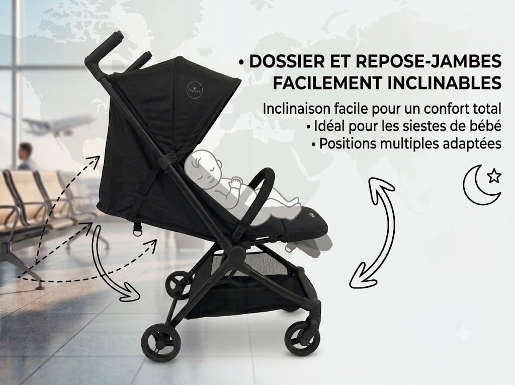Nania, Poussette Ultra-Compacte, Babyjet (0 à 15 kg) Homologuée Cabine Avion, Légère 4,5 kg, Dossier Inclinable, Pare-Soleil Réglable, Sac de Transport Inclus