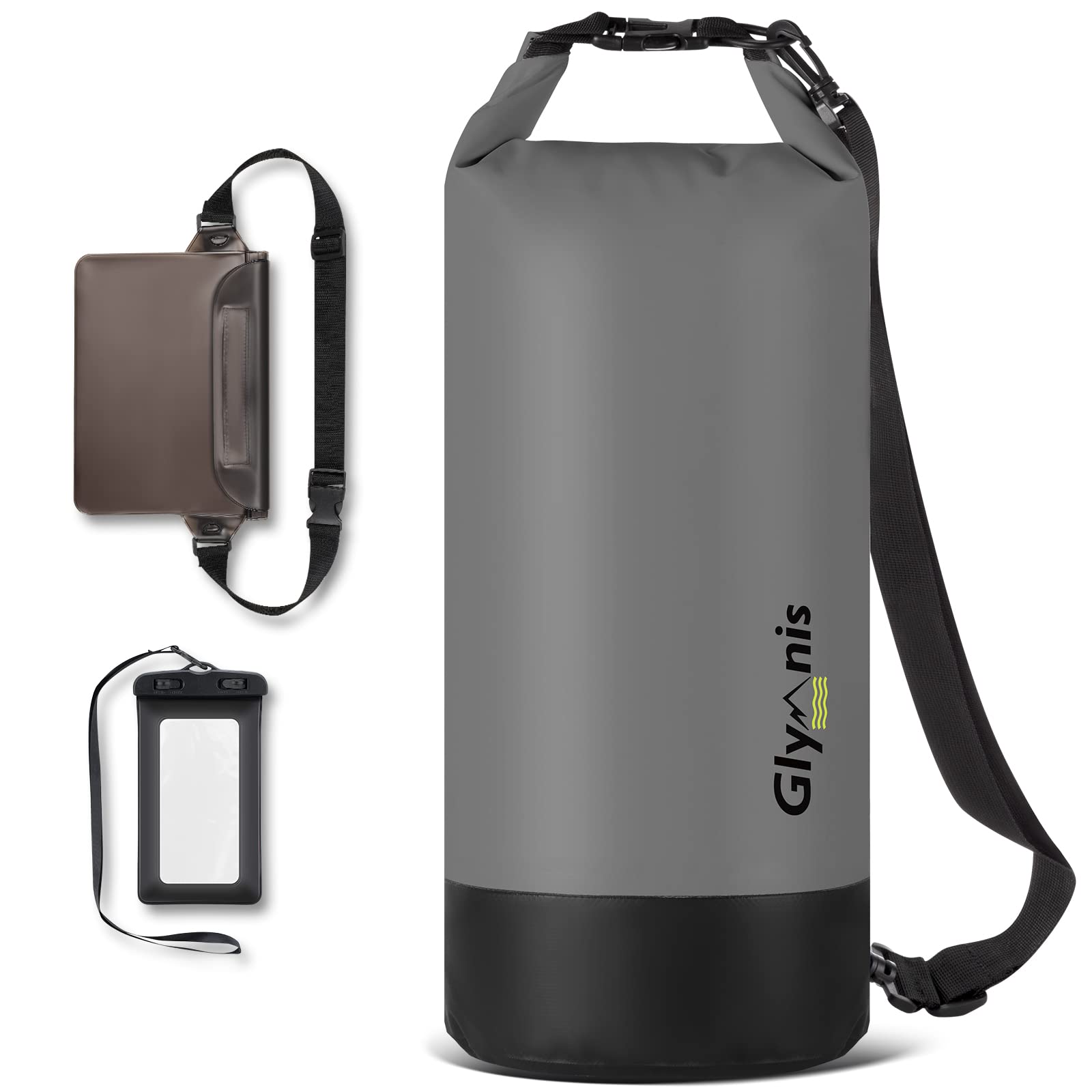 Glymnis Borsa Impermeabile con Tracolla Regolabile, 5L 10L 20L | 2 Custodie Cellulari, Tasca Interna, 3 in 1 Marsupio Impermeabile, Convient Barca Pesca Rafting Nuoto Kayak Campeggio