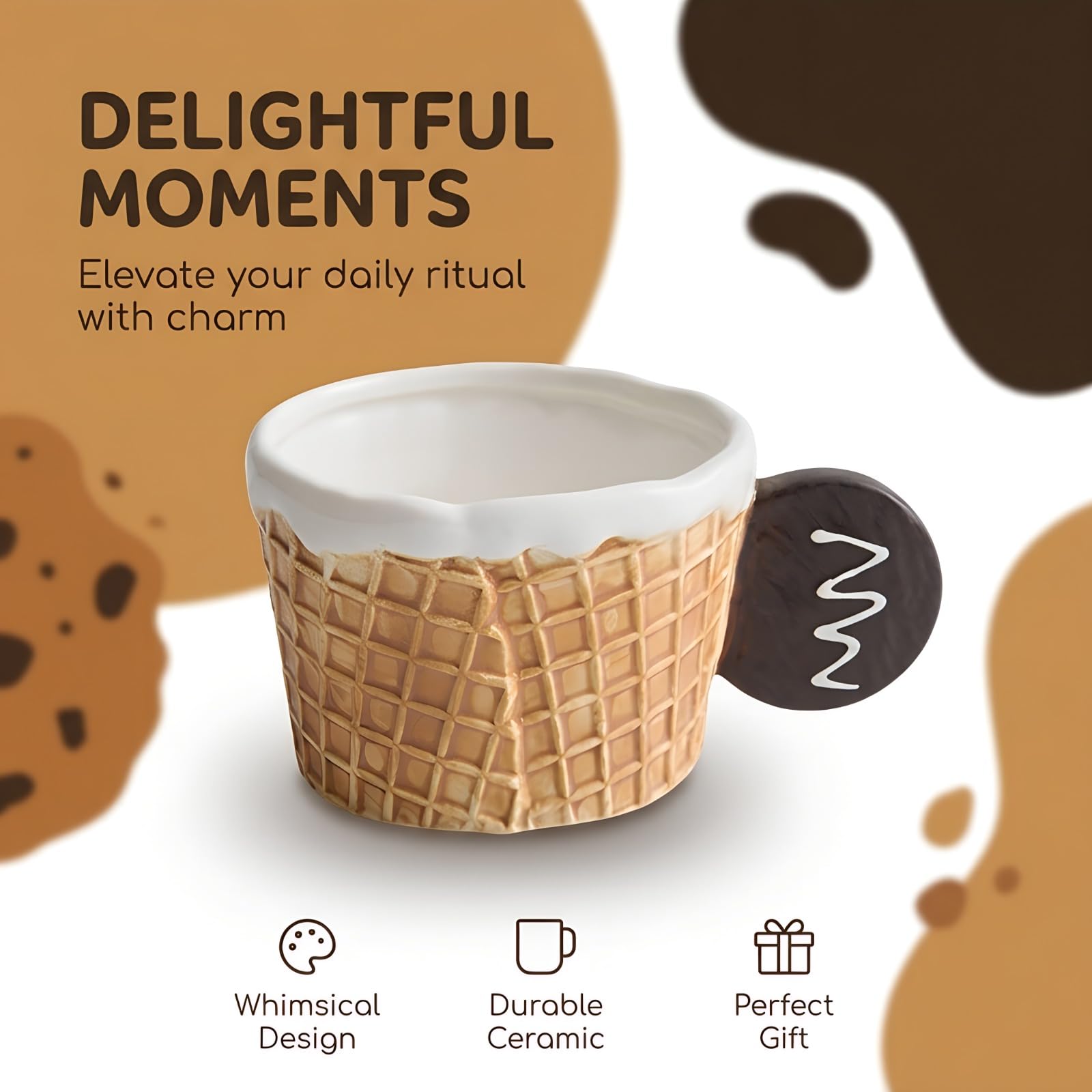 Tasse et soucoupe en céramique 10 oz / 300 mL, mug petit déjeuner créatif avec anse biscuit 3D, tasse à café sous glaçure, compatible micro-ondes et lave-vaisselle, pour maison bureau café cadeau