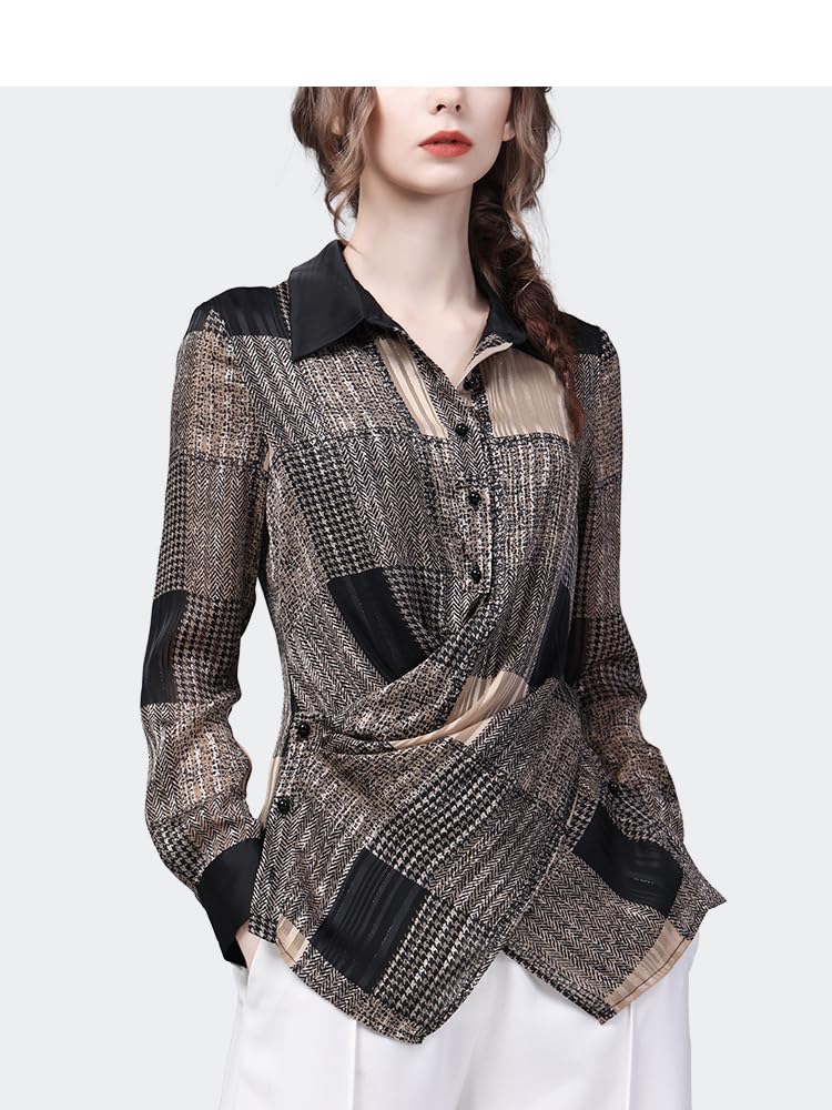 Camisa a Cuadros Informal de Manga Larga con Cuello Vuelto para Mujer, Tops de Gasa con diseño Cruzado Ajustado para Primavera y Verano (Manga Corta XS)