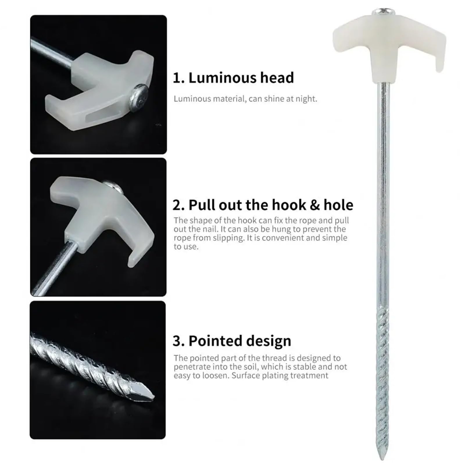 Piquets de tente avec corde à vent et clous lumineux - Piquets de tente haute dureté - Piquets fixes fluorescents pour camping
