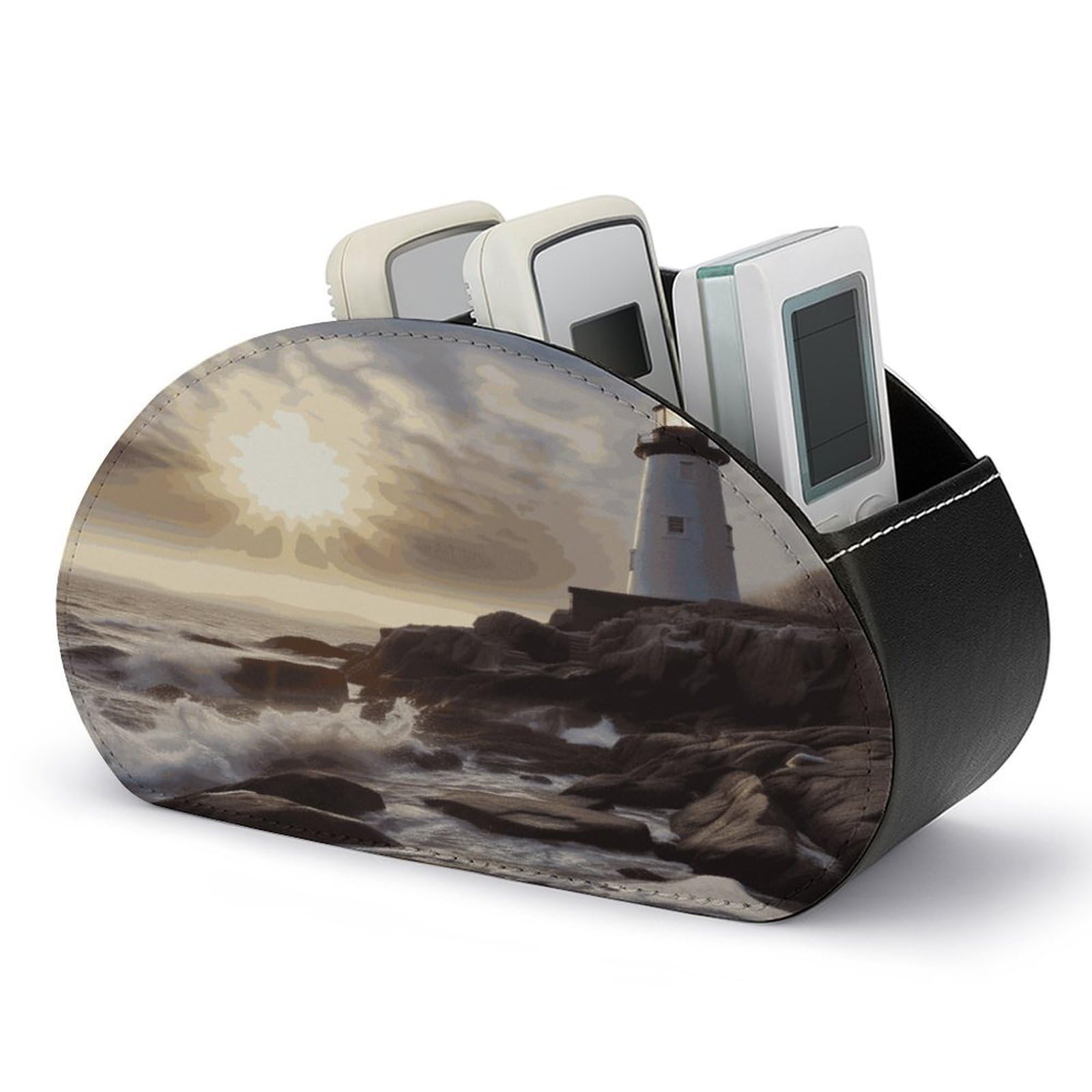 FekiLoot Lighthouse Rocks Seaside Remote Control Holder with 5 Compartments Multi-functional TV Remote Caddy Organizer Leather TV Remote Holder Desktop Organizer Store for Bedside Table Office Desk