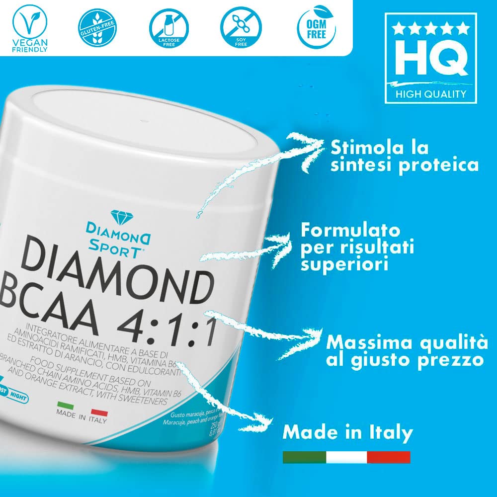 DIAMOND BCAA 411 | Integratore Naturale di Aminoacidi Ramificati Rapporto 4:1:1 con Vitamina B6 e HMB per il Recupero Muscolare | Polvere 250g | Gusto maracuja, pesca e arancia | Vegan, Senza Glutine