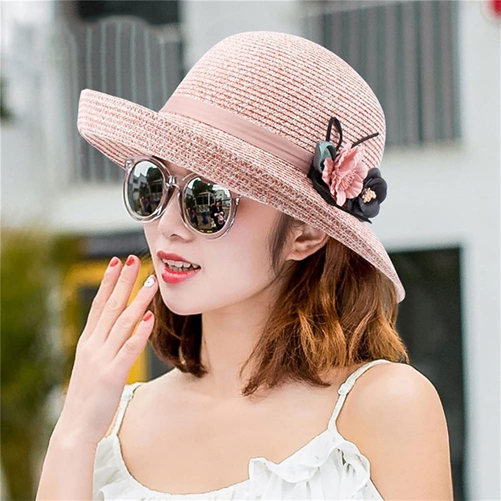 LNNSHX Sombrero de Paja Mujer Verano Señoras Playa Sombreros para el Sol Protección de Flores Gorra Plegable Viajes Vacaciones Panamá Sombrero para el Sol (B Mcode)