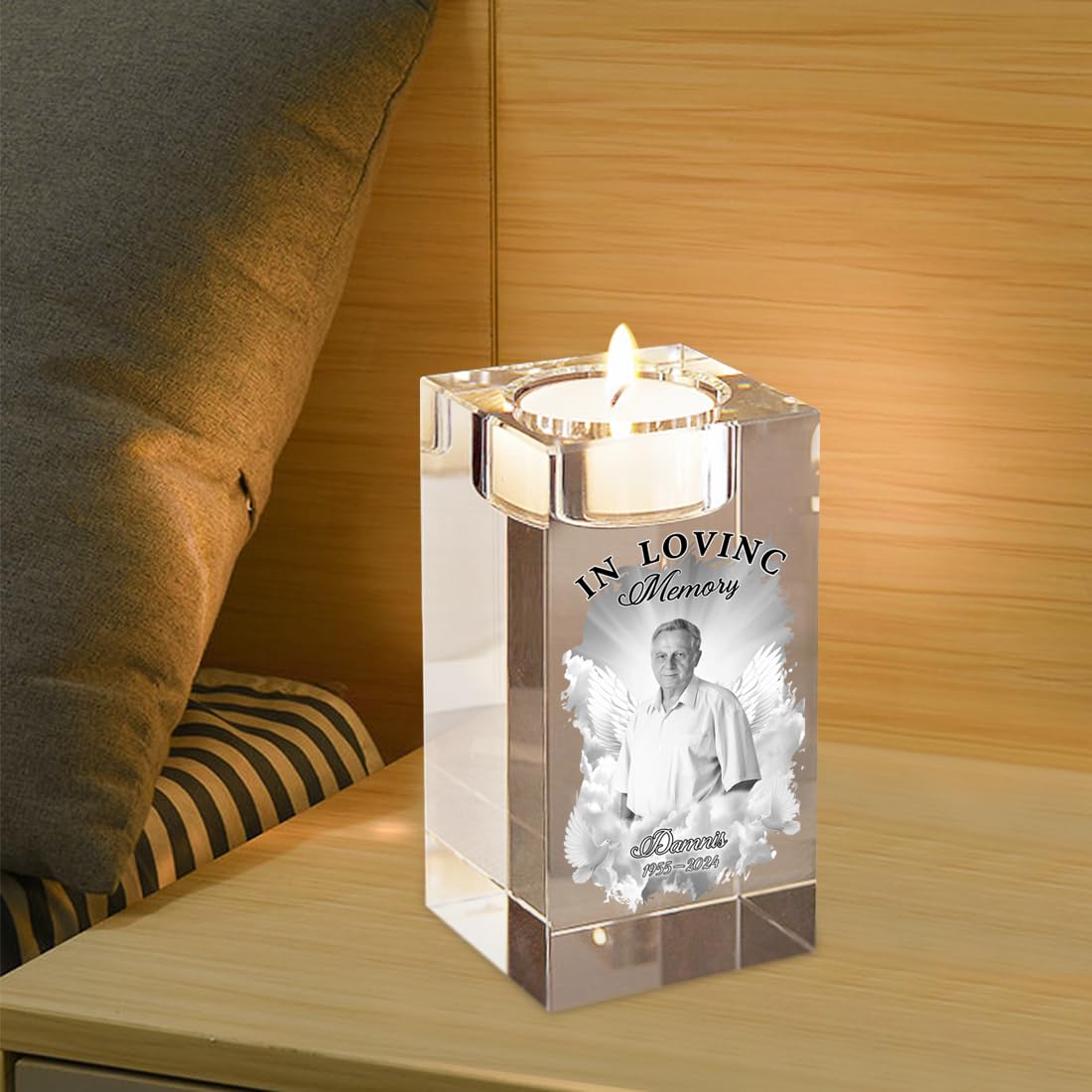 Portacandele in cristallo personalizzato con foto incisa in 3D, regalo commemorativo – Burns in Loving Memory