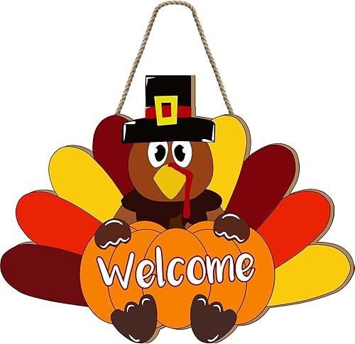 Corona de Acción de Gracias para puerta delantera, letrero de puerta de pavo de Acción de Gracias de 16 pulgadas, colgante de madera, decoración de