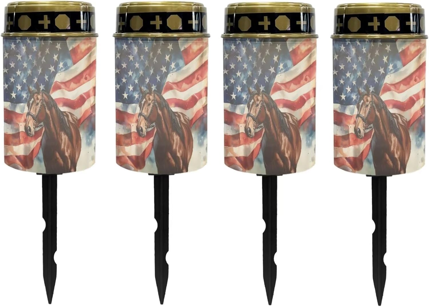Poceacles 4 Pieces Solar Lights Outdoor Waterproof Grave Solar Lights for Cemetery LED Flameless Candle Cemetery Solar Candle Lights Pillar Candles Outdoor Decor, Brown Horse American Flag