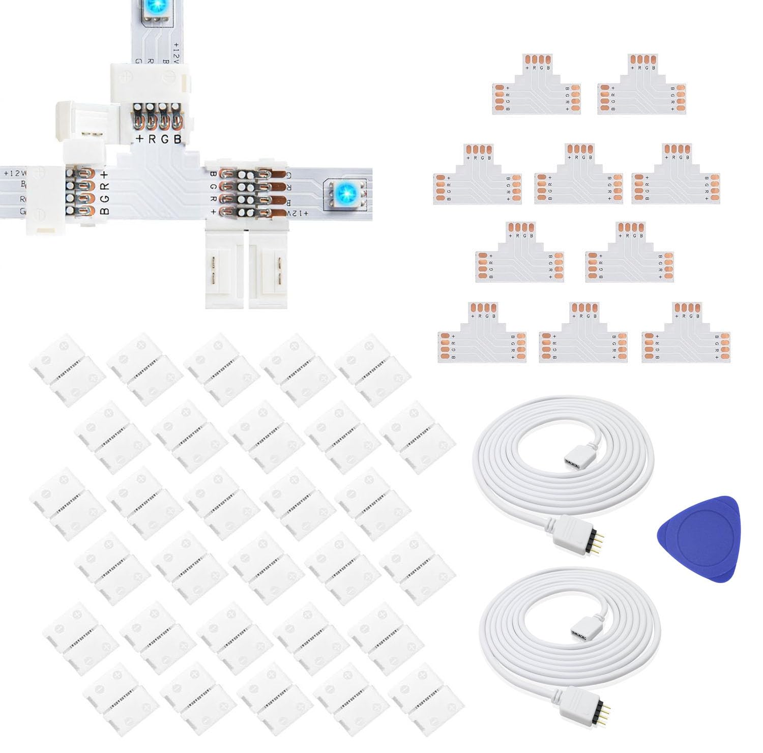 3528 2835 4 Pin 8mm LED Strip Connector,6.56ft/2M 4Pin LED Strip Light Extension Cable Wire with 4Pin Male Connector & 30pcs Gapless Solderless Clip,10pcs T Shape PCB for RGB Multicolor Rope LED Strip