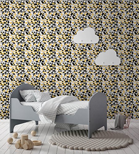 Papel de Parede Infantil, Triângulos Geométricos, Preto/Amarelo, 1000x52 cm, Bobinex Uau