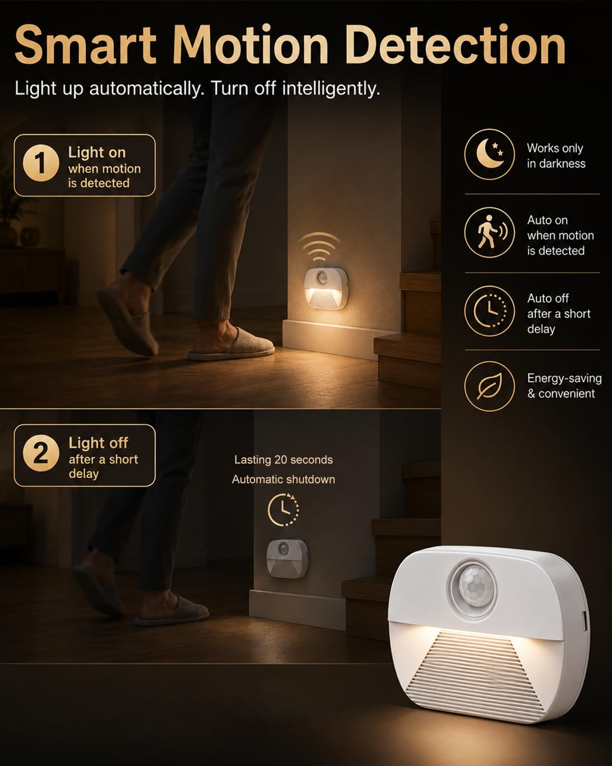 Luz nocturna LED con detector de movimiento, 4 unidades de luz de movimiento para niños, funciona con pilas, iluminación interior para escaleras, luz de sensor de encendido/apagado para pasillo
