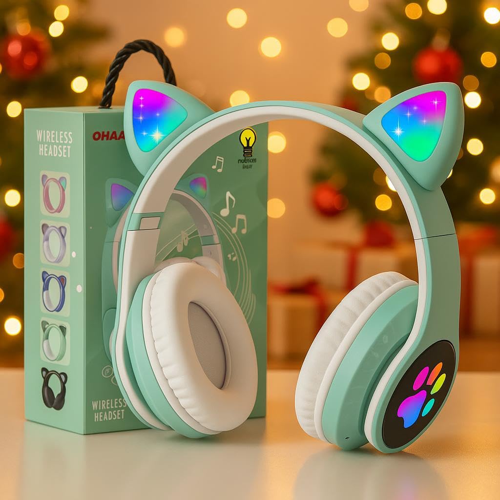 KERHAND Bluetooth Headphones for Kids, Cute Ear Cat Ear LED Light Up Foldable Headphones Stereo Over Ear with Microphone/TF Card Wireless Headphone