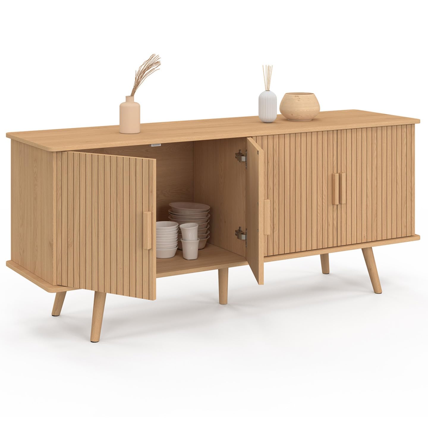 IDMarket - Buffet Bas 140 cm Juliette 4 Portes Effet Lattes tasseau Bois Coloris chêne