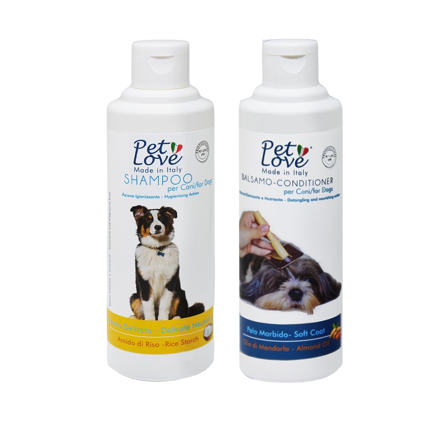 Pet Love | Set Shampoo e Balsamo Professionali per Cani - Formula neutra e delicata - Azione Detergente e Igienizzante - 250 ml x 2