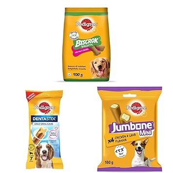 Pedigree Biscrok Biscuit Treats for Dogs, Milk & Chicken Flavour, 500g & Dentastix Oral Care Treats for Medium Breed Adult Dogs, 7 Sticks & Jumbone Mini Treats, Chicken & Lamb Flavour, 4 Treats, 160g
