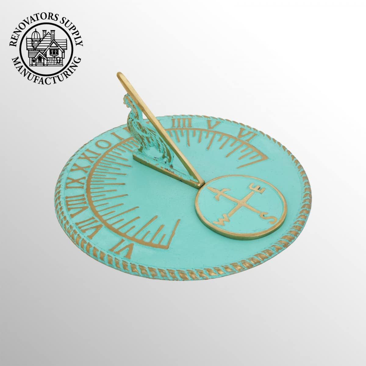 Renovators Supply Manufacturing Sundial Verdigris Finish Brass 10" Dia Vintage Sun Dial Garden Or Lawn Clock Compass NESW Plaque and Rooster Dial Round Patio Outdoor Compass Sundials for Yards