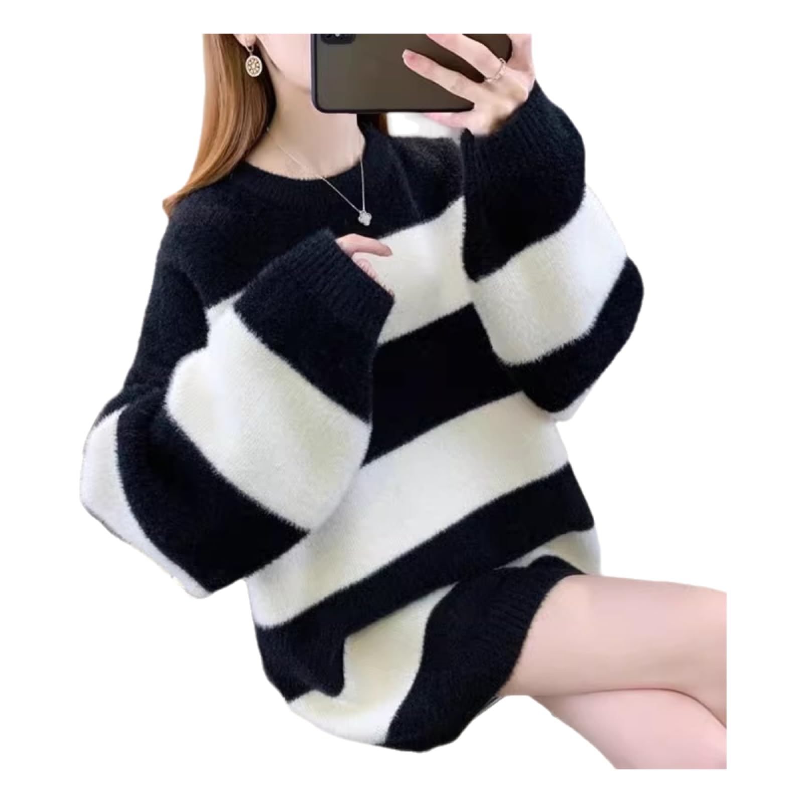 Wiosenny puszysty moher damski sweter z długim rękawem elegancki dwukolorowy długi sweter damski na co dzień do legginsów styl sztokholmski delikatny sweter dzianinowy rękaw nietoperz jesień damski
