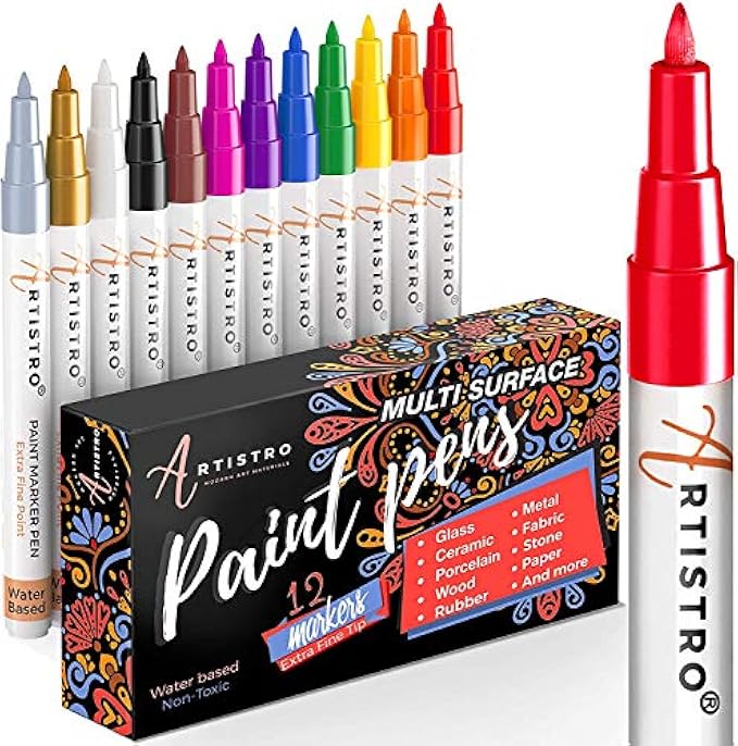 Paint pens for rock painting, stone, ceramics, glass, wood, canvas. Set of 12 Acrylic Paint Markers Extra Fine Tips