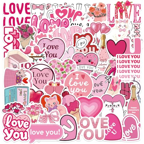 50pcs Pink Valentine Stickers, Love Aesthetics Stickers Vinyl Waterproof for Laptop Water Bottles Scrapbook Skateboard Guitar Heart Romantic Stickers Valentine's Day Stickers for Teens and Adults