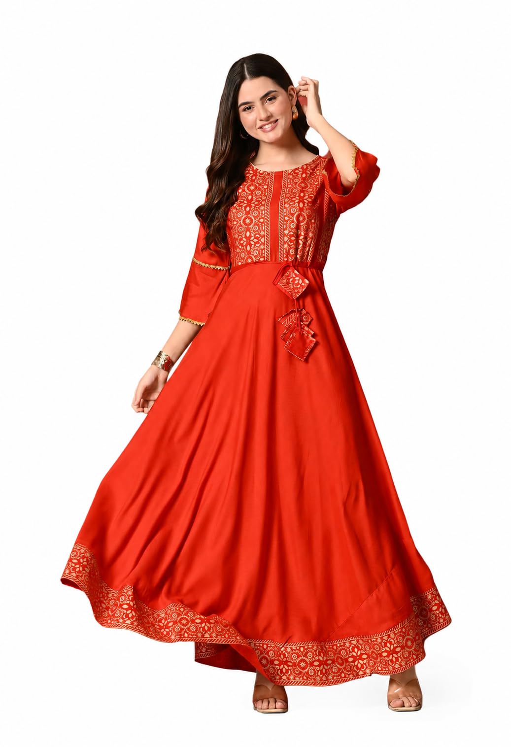AO Services Women's Red Ethnic Anarkali Maxi Gown | Gold Foil Block Print | Bell Sleeves with Lace Trim | A-Line Flared Festive Kurtas | Wedding for Women-image-31