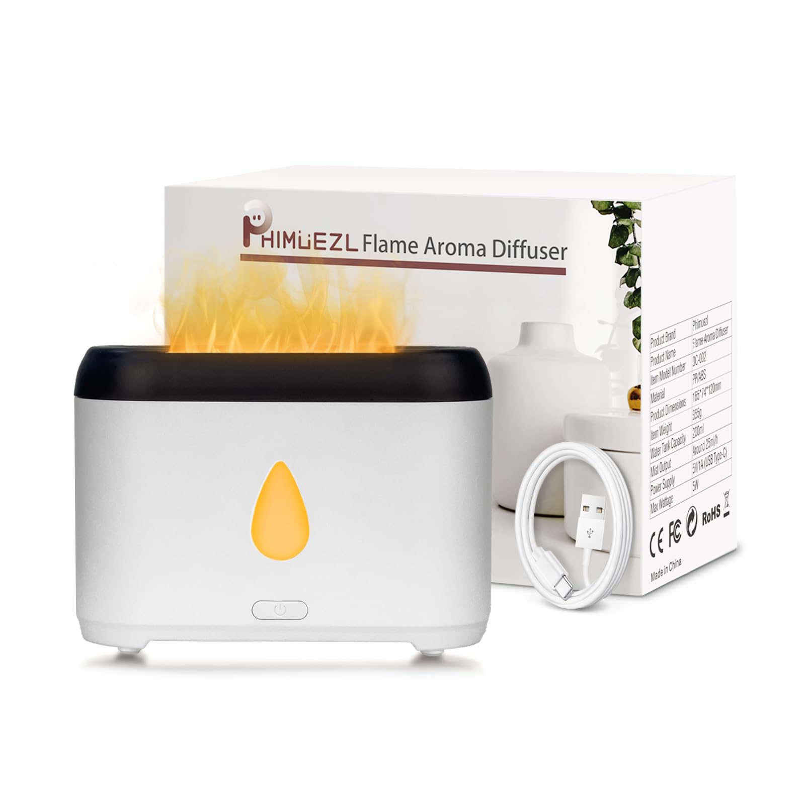 Flame Diffuser for Essential Oils, 200ml Ultrasonic Aroma Diffusers with Cool Mist, Aromatherapy Diffuser with Auto-Off Protection, Small Humidifier for Home,Office,Bedroom,Gift (White)