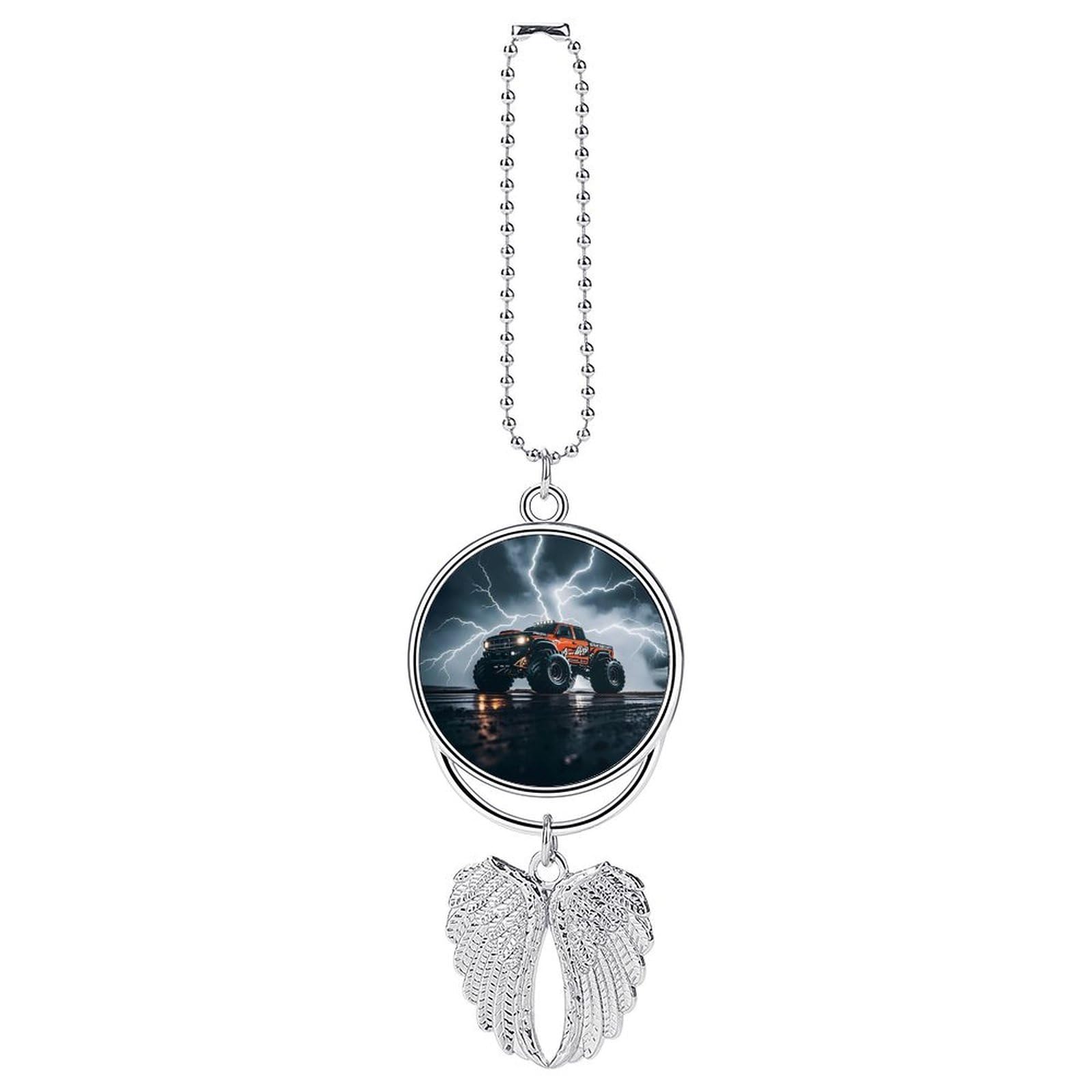 Monster Truck Black Sky Lightning Roar Guardian Angel Wing Car Ornament for Mirror, Zinc Alloy Hanging Charm with Spiritual Design for Protection, Rearview Mirror Accessory Decor Gift for Women Men(si