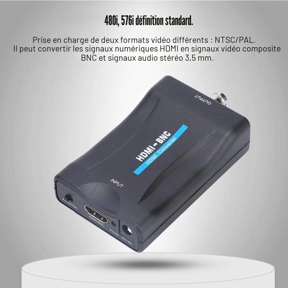 ASHATA Adaptateur HDMI vers BNC, vidéo composite HDMI vers BNC et adaptateur pour convertisseur de signal de 3,5 mm 480i 576i Support pour NTSC/Pal, convertisseur HDMI BNC compatible