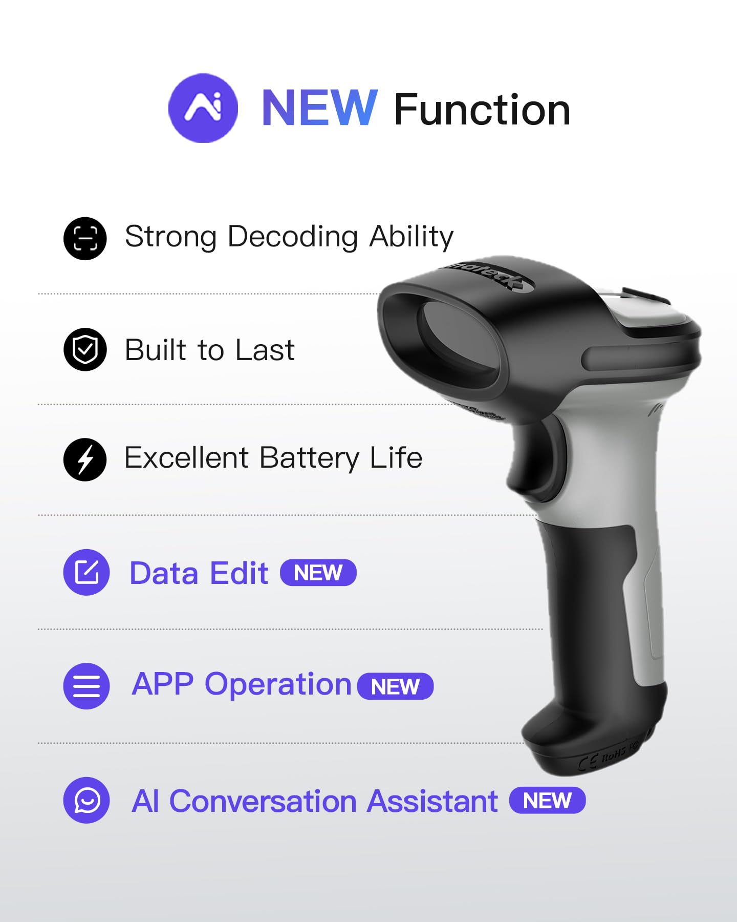 Inateck AI Escáner de Códigos de Barras Bluetooth, Escáner 1D Inalámbrico, Portátil con App y SDK, 180 días de Espera con 1 Carga, Alcance de 35 m, Escaneo Automático Rápido y Preciso, BCST-70 AI