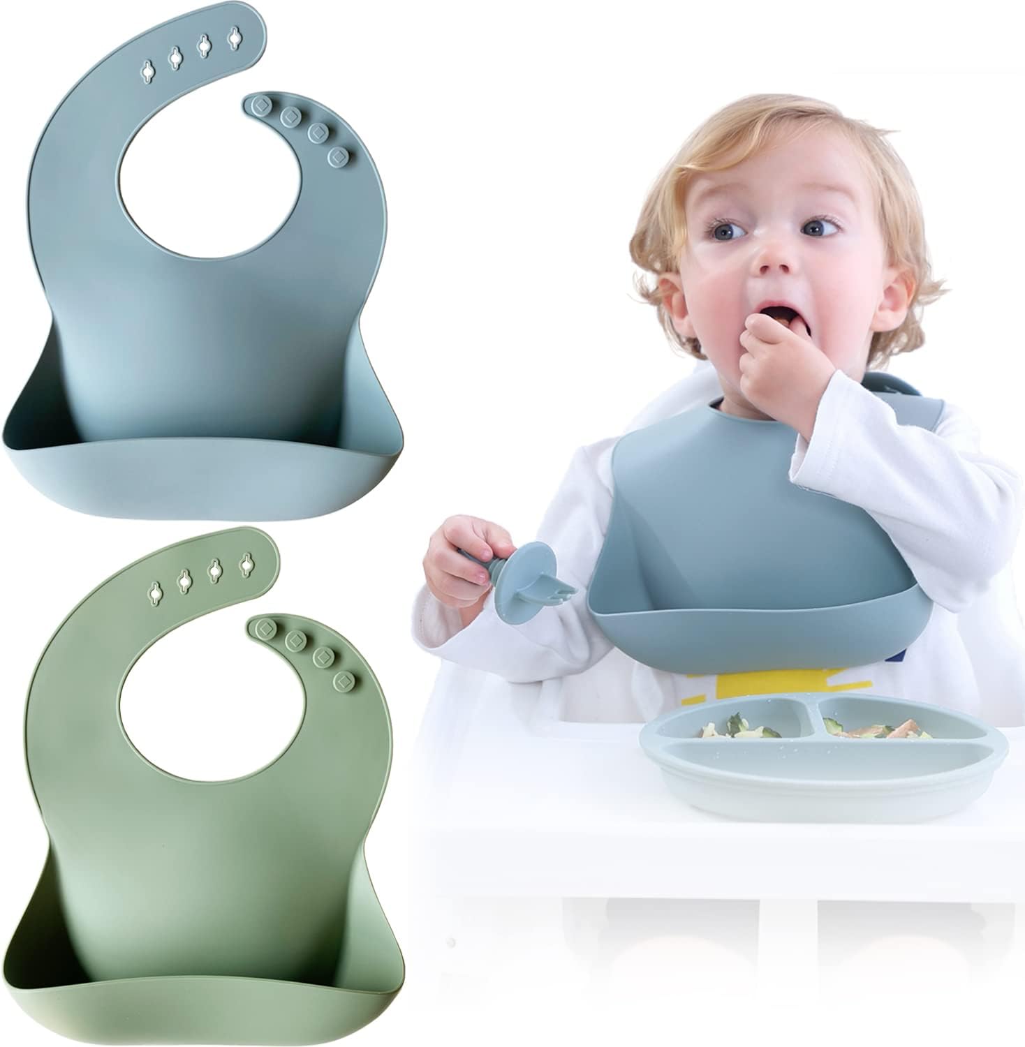 Moonkie Silicone Baby Bibs Set of 2, BPA Free Waterproof Baby Bibs for Eating, Soft Adjustable Silicone Bibs for Babies 6-12 Months, Toddler Bibs with Large Pocket Food Catcher (Ether/Sage)
