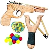 Lanxitown Wooden Rubber Band Gun and Sling Shot Wooden Toy Gun Wooden Slingshot with 100 Colorful Rubber Bands and 20 EVA Balls