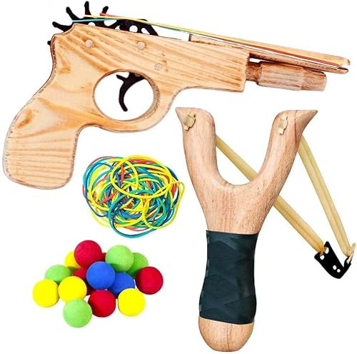 Lanxitown Wooden Rubber Band Gun and Sling Shot Wooden Toy Gun Wooden Slingshot with 100 Colorful Rubber Bands and 20 EVA Balls