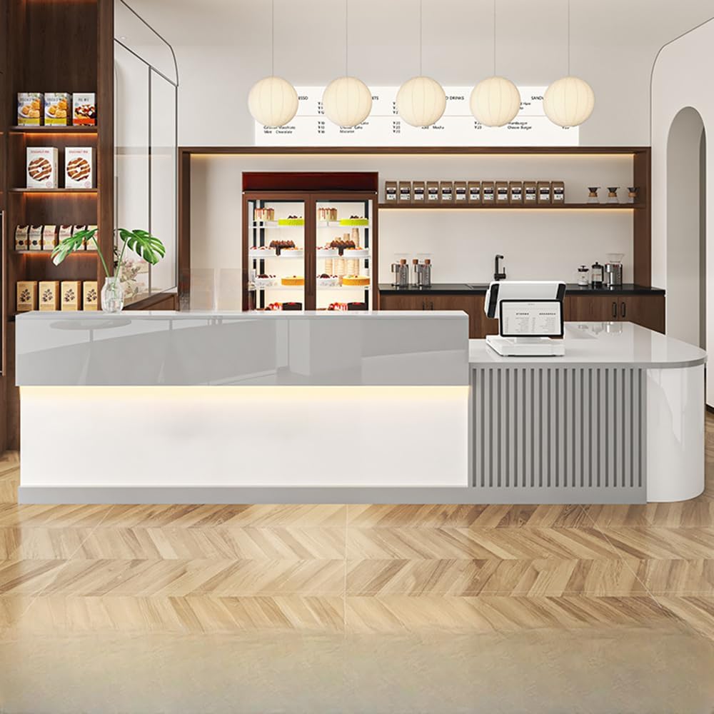 LITFAD L-Shape Reception Desk with Drawer, Filing Cabinet and Cable Management, Manufactured Wood Computer Front Desk for Office, Beauty Salon, Restaurants, Green/White, 59" L x 23.5" W x 39" H